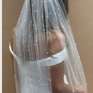 White Pearl and Glitter Wedding Veil with Pearls 120” Cathedral with Blusher